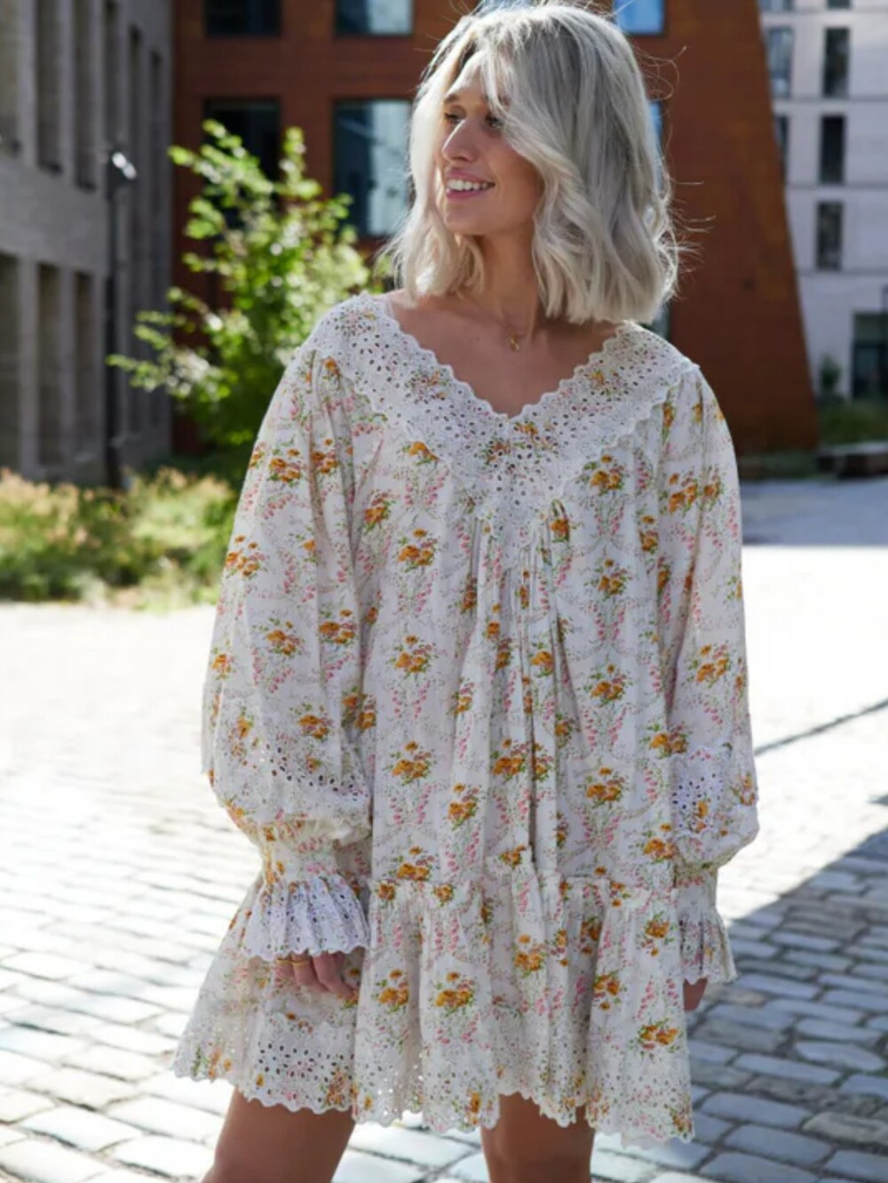 Ivory Floral Cotton V Neck Eyelet Trim Mini Dress in Wallpaper